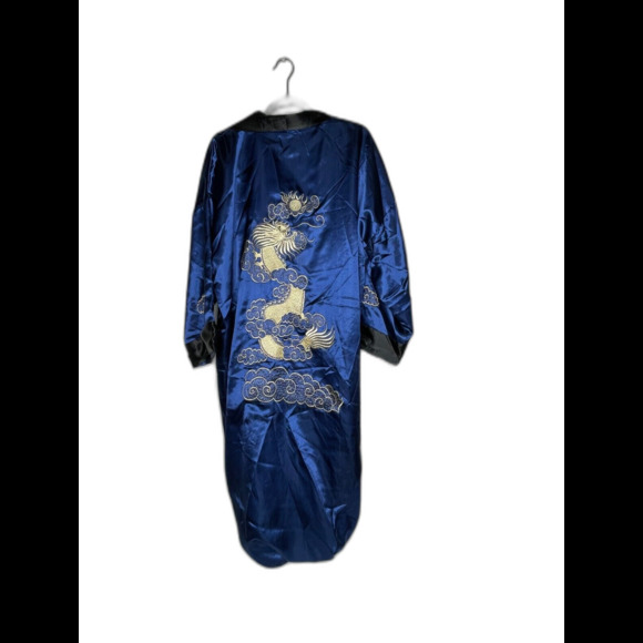 Men's Robe Kimono Reversible Embroidered Dragon Asian  Black & Blue No Belt - Picture 13 of 16
